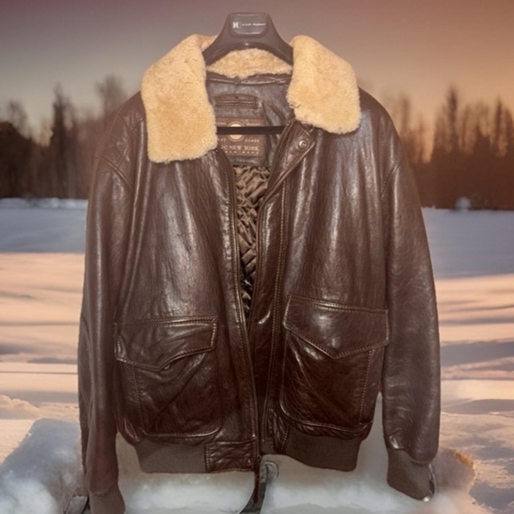 Andrew Marc Brown Leather Bomber Jacket with Cream Collar